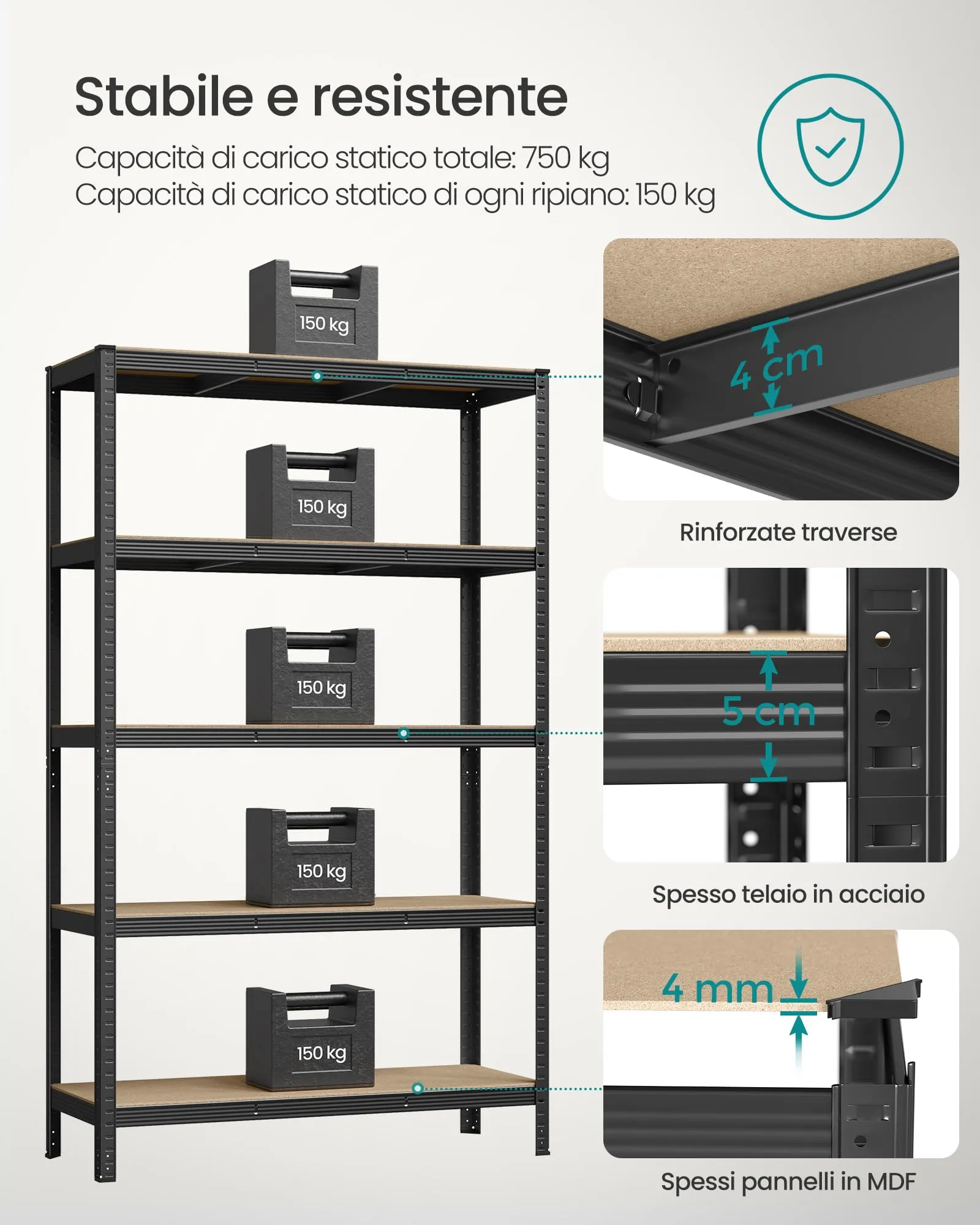 SONGMICS Set di 2 Scaffali in Metallo a 5 Ripiani, 60 x 120 x 200 cm, Nero GLR060B02 - immagine 3