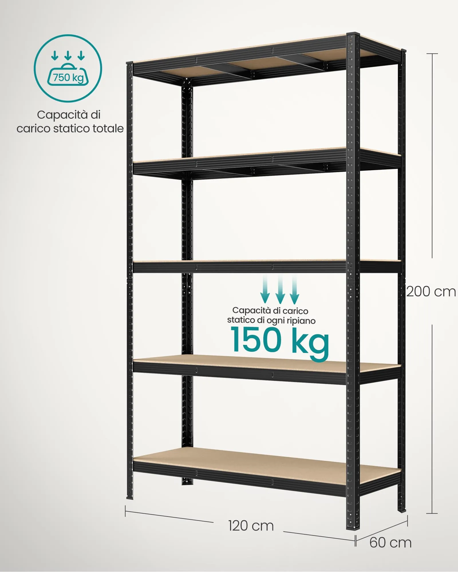 SONGMICS Set di 2 Scaffali in Metallo a 5 Ripiani, 60 x 120 x 200 cm, Nero GLR060B02 - immagine 7