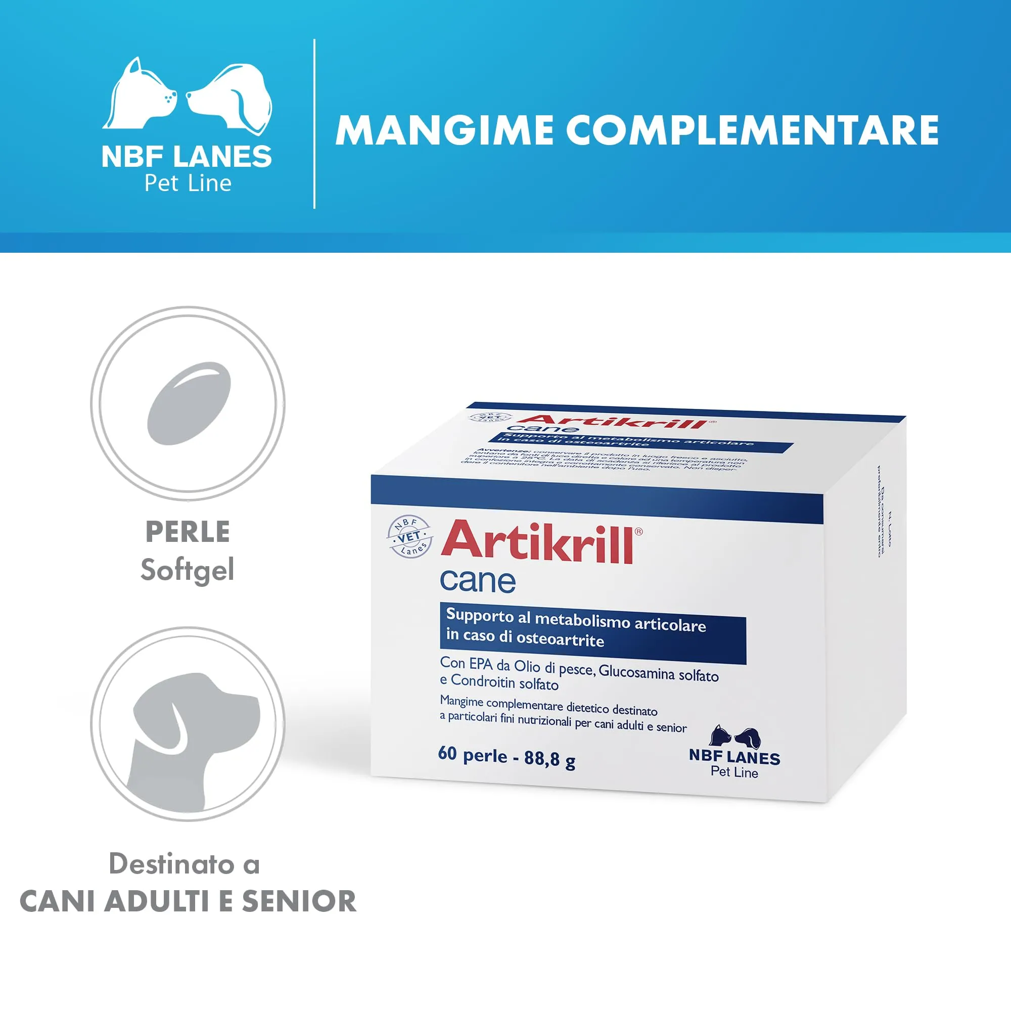 NBF Lanes Artikrill Cane, 60 Perle, Supporto Metabolismo Articolare per Cani Adulti e Senior - immagine 2