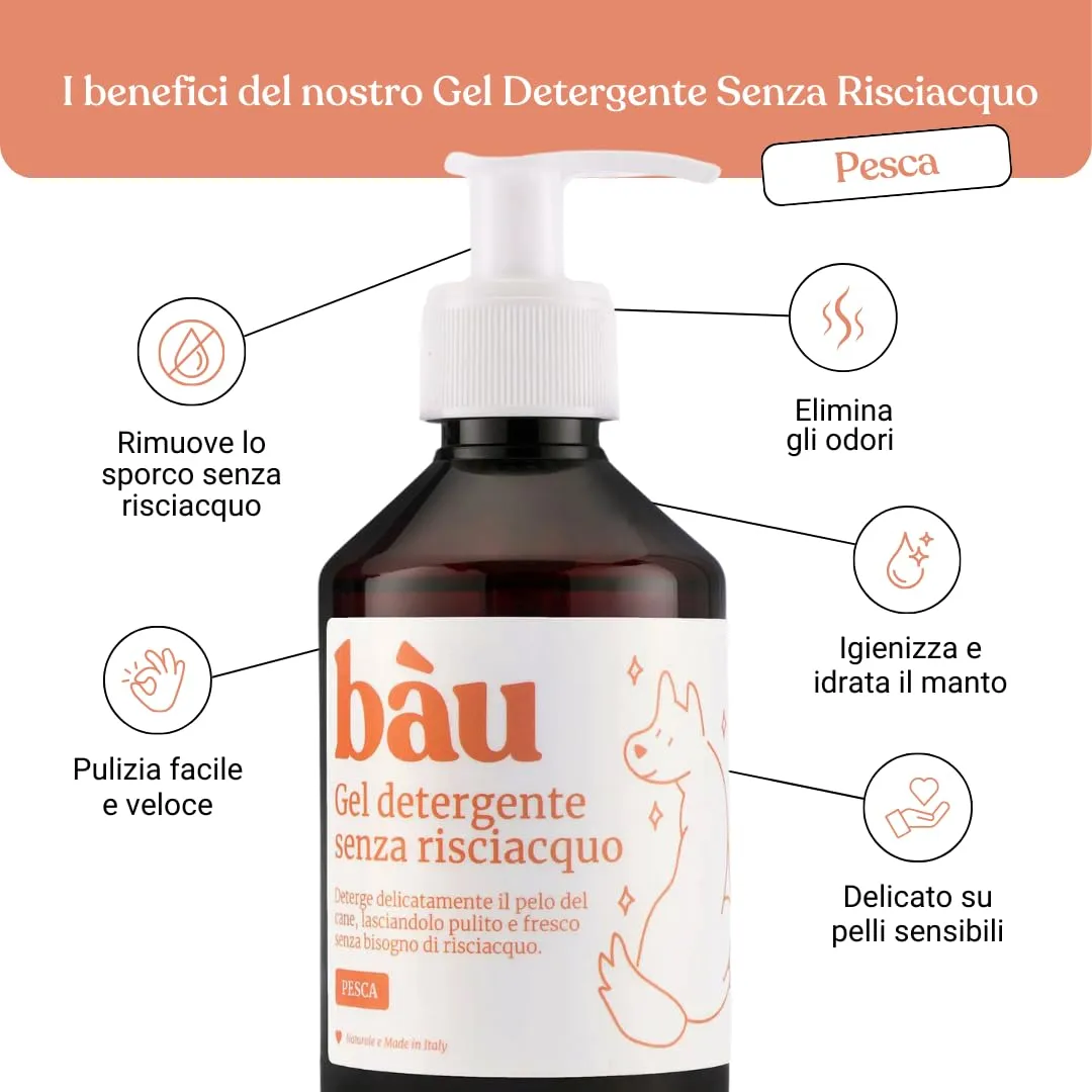 Bau Shampoo Secco Gel Detergente Senza Risciacquo per Cani con Aloe Vera, Pesca, 250 ml - immagine 2