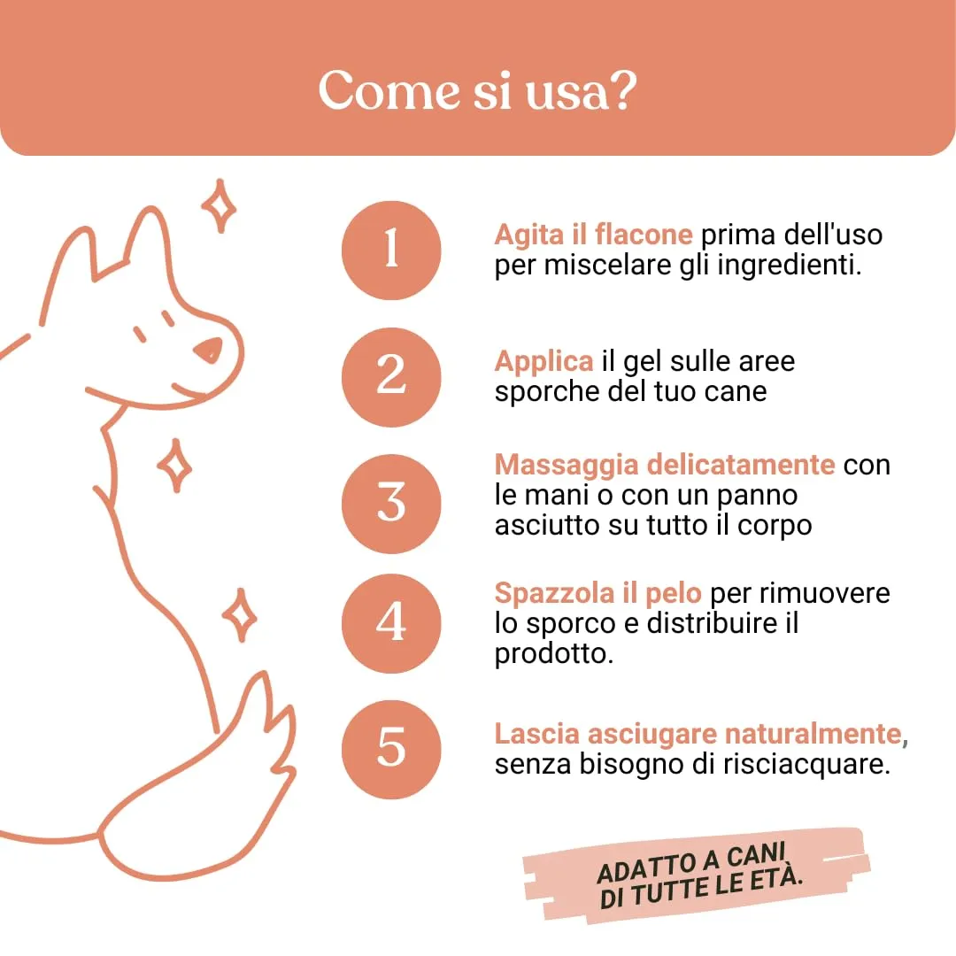Bau Shampoo Secco Gel Detergente Senza Risciacquo per Cani con Aloe Vera, Pesca, 250 ml - immagine 7