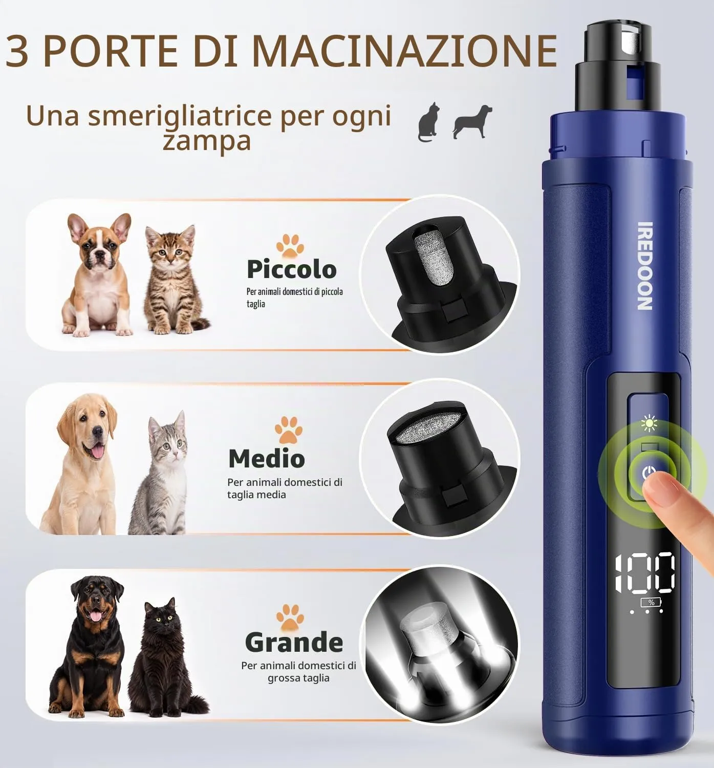 IREDOON Smerigliatrice per Unghie per Cani, 3 Marce con 4 luci a LED (Blu) - immagine 2