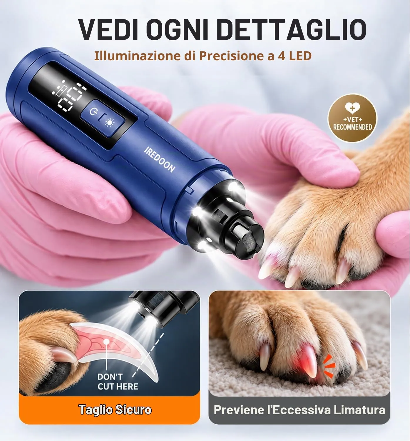 IREDOON Smerigliatrice per Unghie per Cani, 3 Marce con 4 luci a LED (Blu) - immagine 4