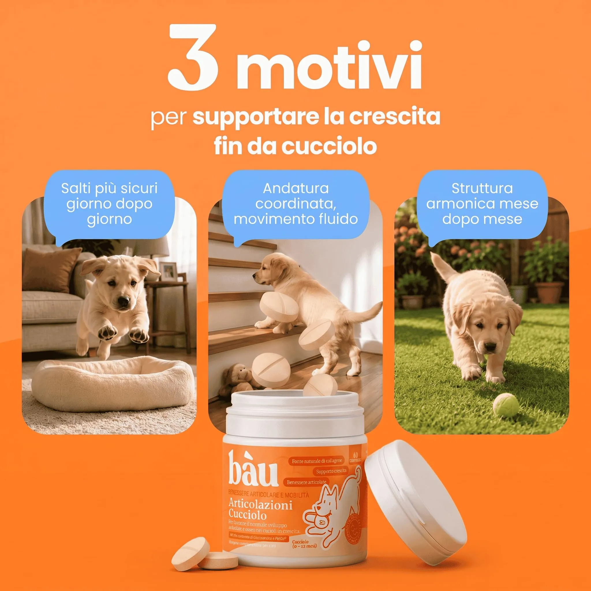 Bau Integratore Articolazioni per Cuccioli di Cani con Glucosamina, Condroitina, Collagene, Calcio e Vitamina D3, 60cps - immagine 2
