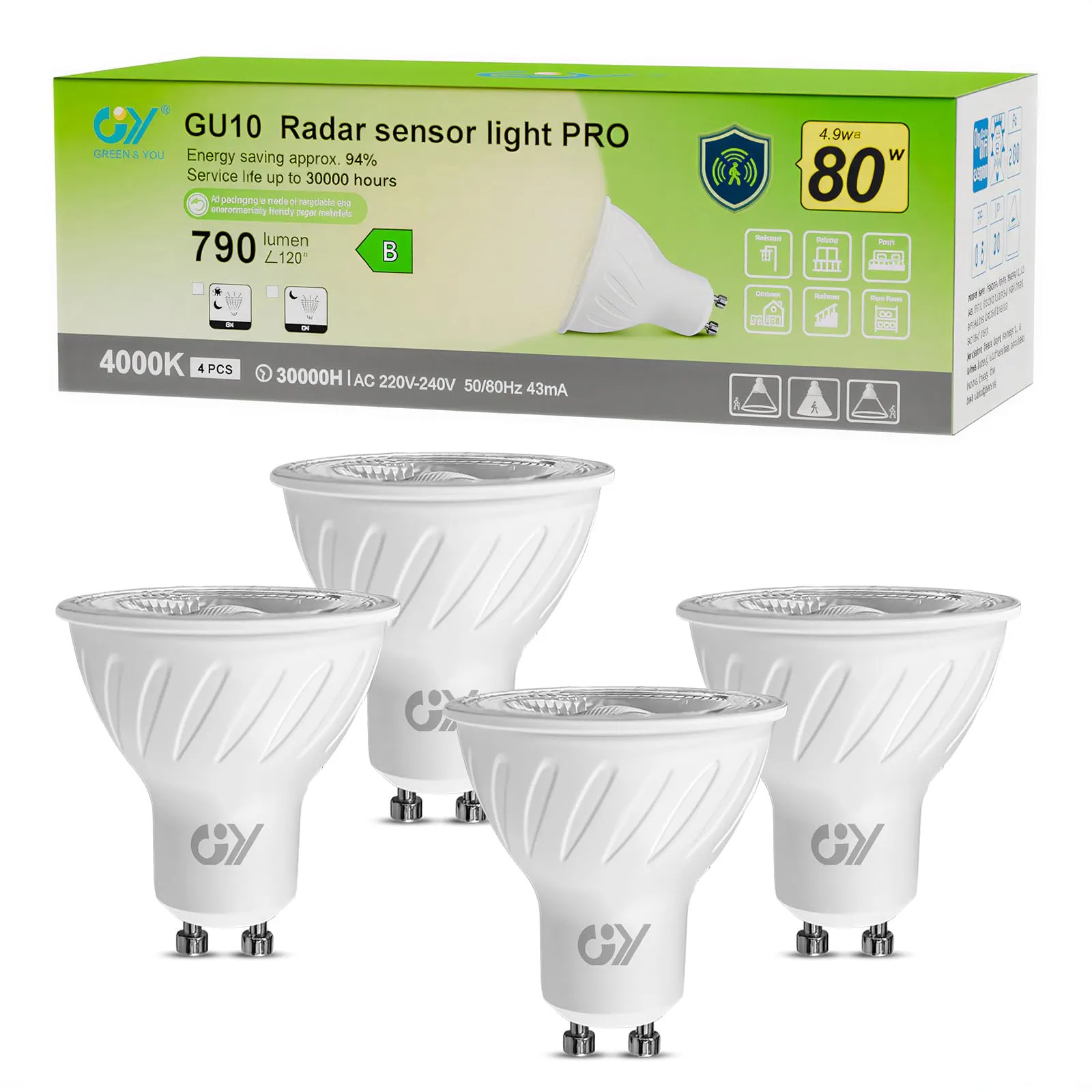 GY Lampadine LED GU10 con sensore di movimento, 4,9W (80W), 4000K Luce Neutra, 790lm, 4 pezzi - immagine 1