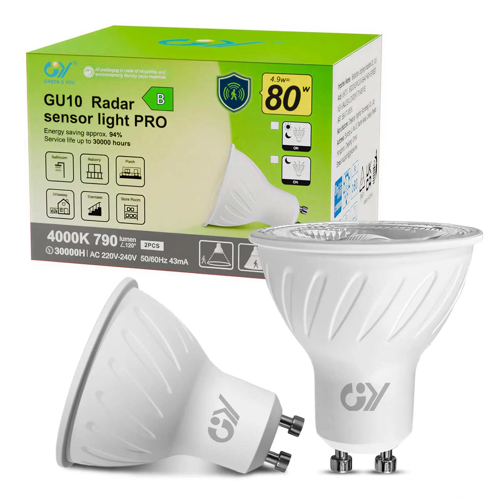 GY Lampadine LED GU10 con sensore di movimento, 4,9W (80W), 4000K luce neutra, 790 lm, 2 pezzi - immagine 1