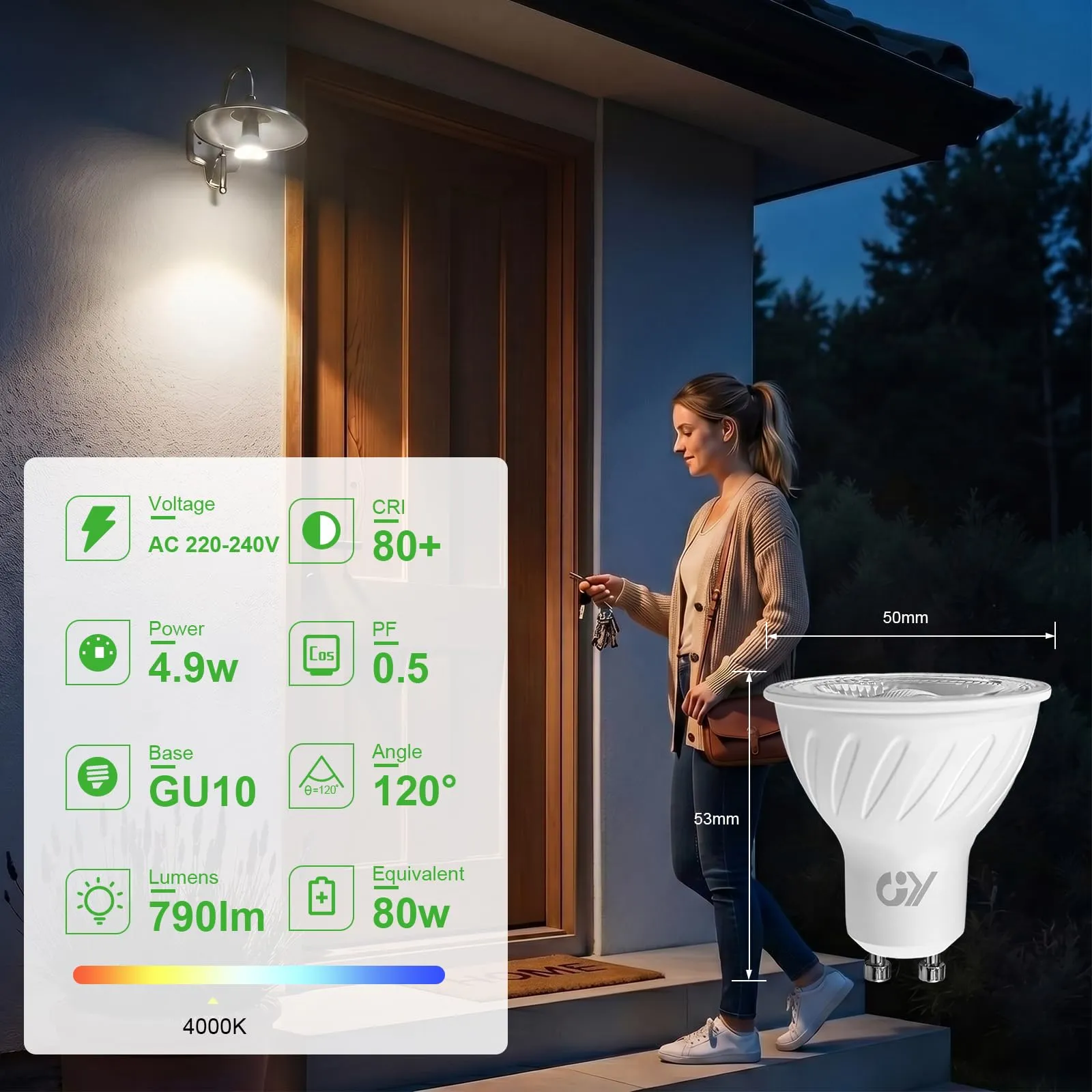 GY Lampadine LED GU10 con sensore di movimento, 4,9W (80W), 4000K luce neutra, 790 lm, 2 pezzi - immagine 2