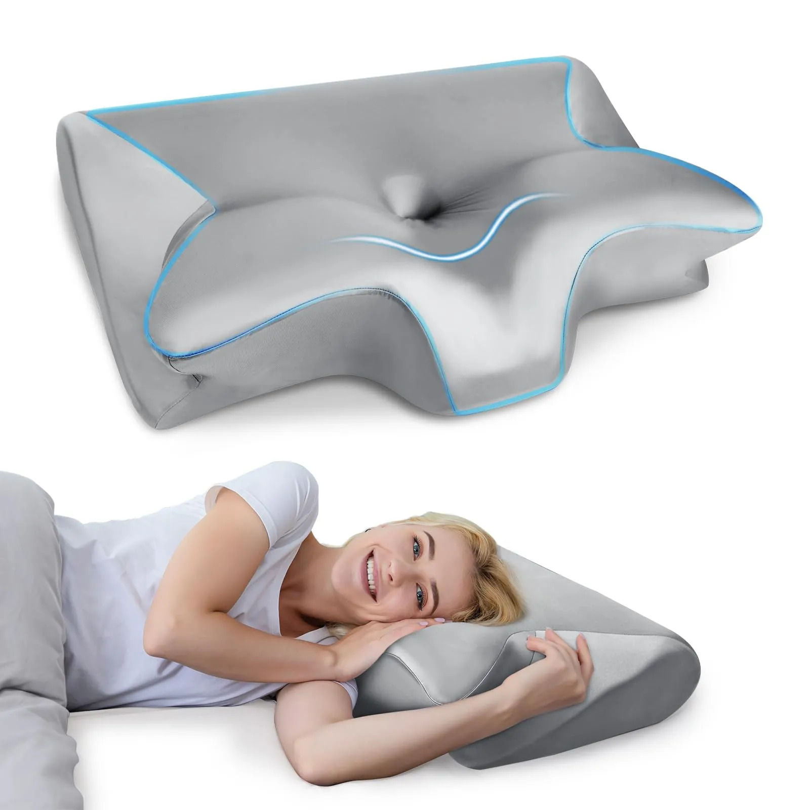 HOMCA Cuscino Cervicale 2 in 1 in Memory Foam, Grigio Raso, 60x40x12/14cm - immagine 1