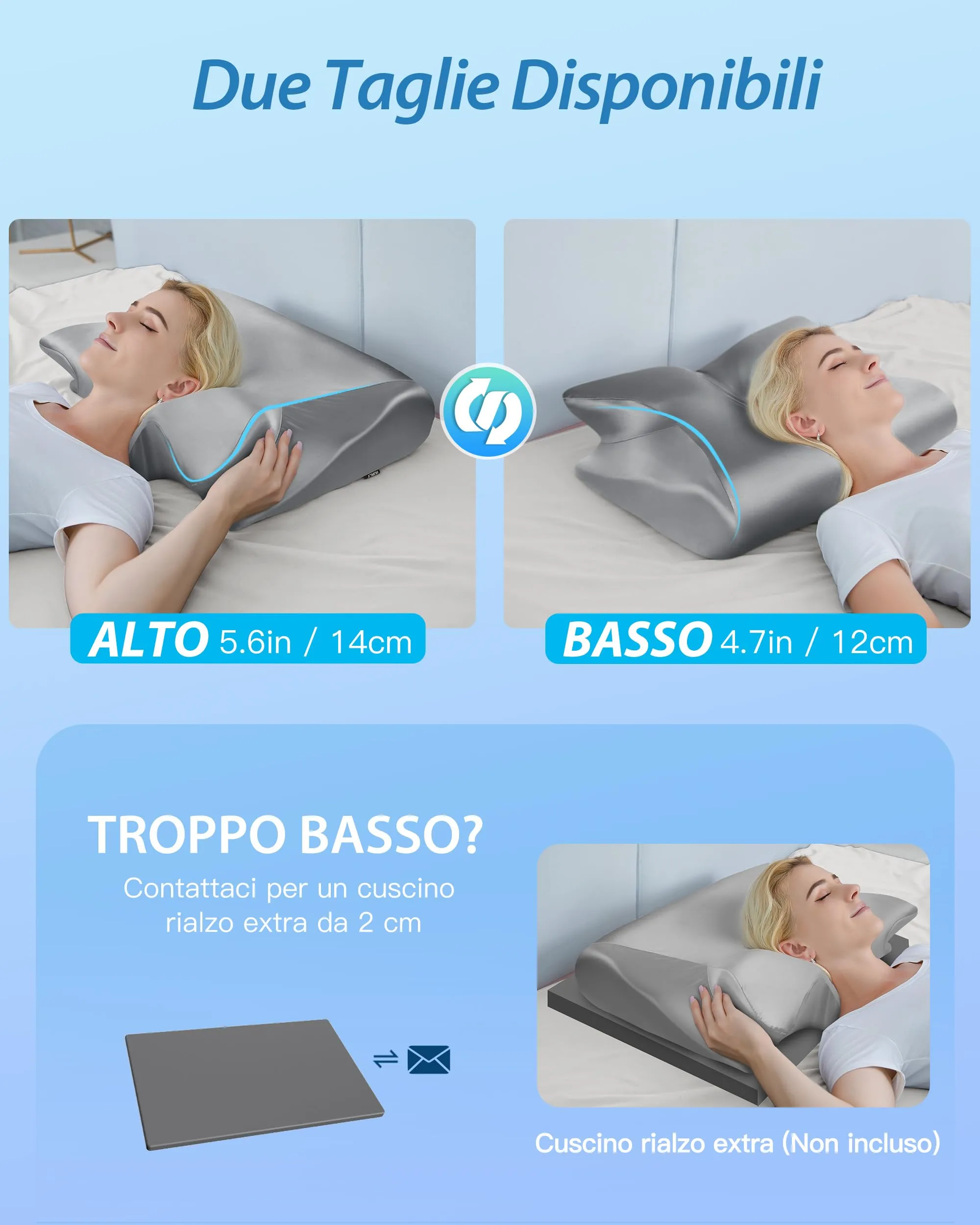 HOMCA Cuscino Cervicale 2 in 1 in Memory Foam, Grigio Raso, 60x40x12/14cm - immagine 5