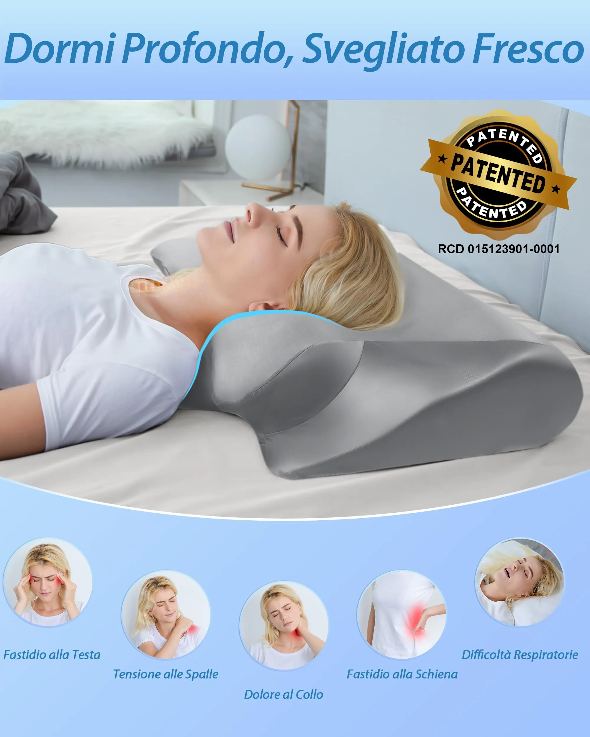 HOMCA Cuscino Cervicale 2 in 1 in Memory Foam, Grigio Raso, 60x40x12/14cm - immagine 6