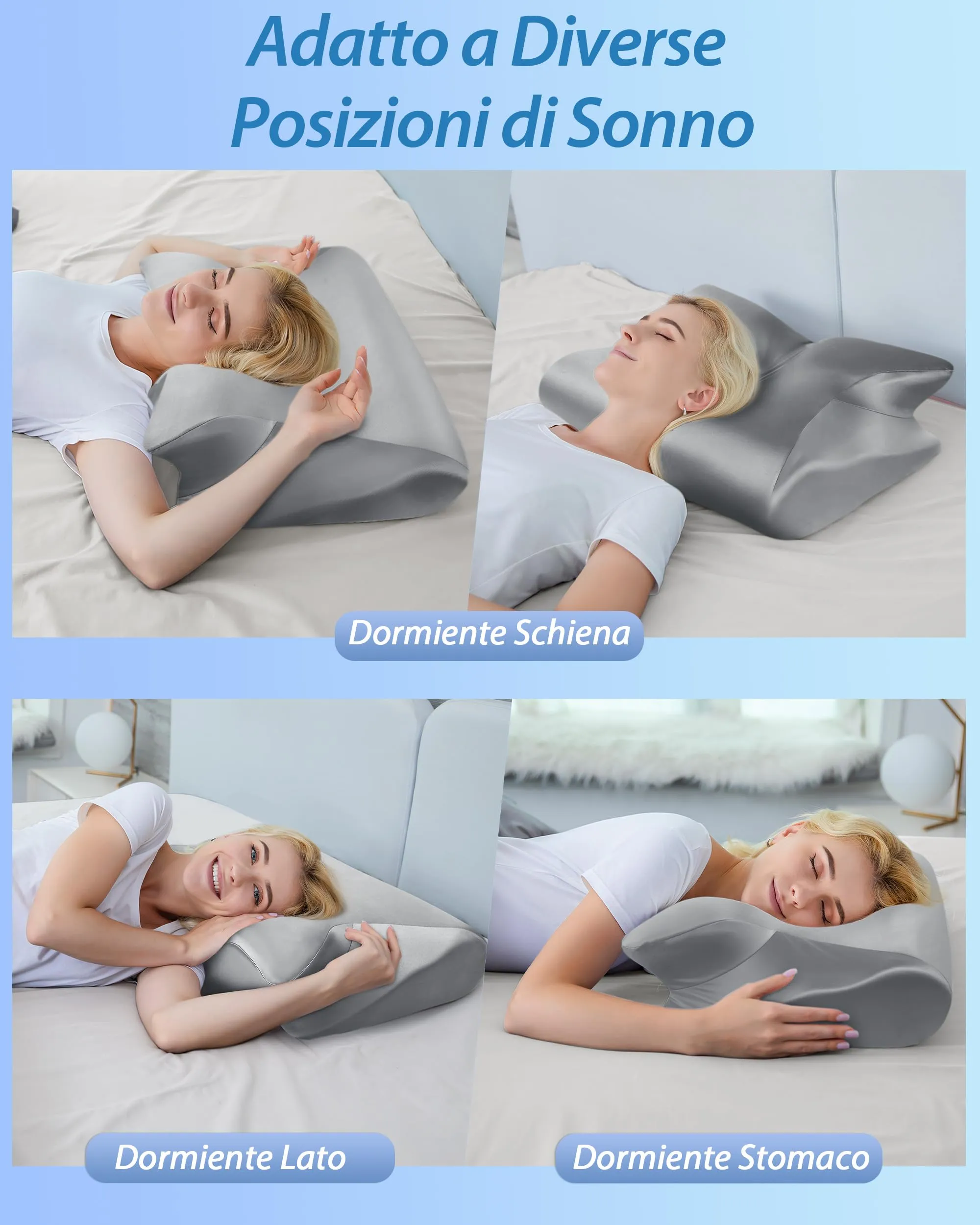 HOMCA Cuscino Cervicale 2 in 1 in Memory Foam, Grigio Raso, 60x40x12/14cm - immagine 7
