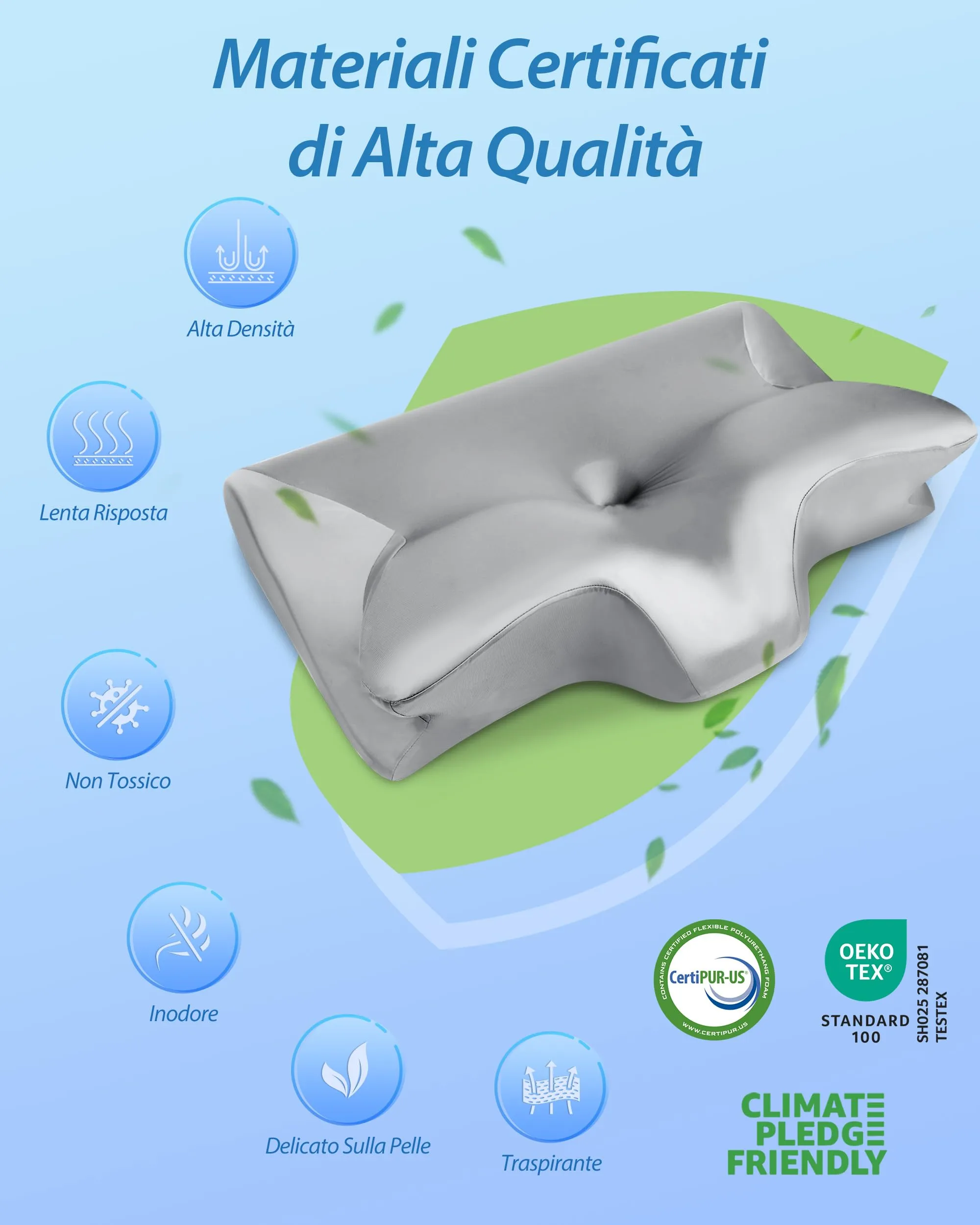 HOMCA Cuscino Cervicale 2 in 1 in Memory Foam, Grigio Raso, 60x40x12/14cm - immagine 9