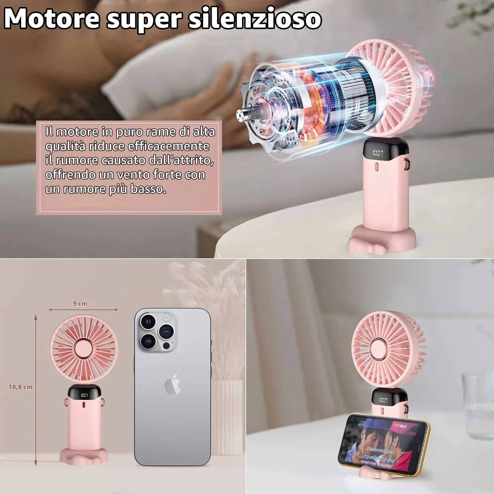 Rafada Mini Ventilatore Portatile Ricaricabile, 5 Livelli di Velocità, Batteria 4200 mAh, USB Pieghevole - immagine 5