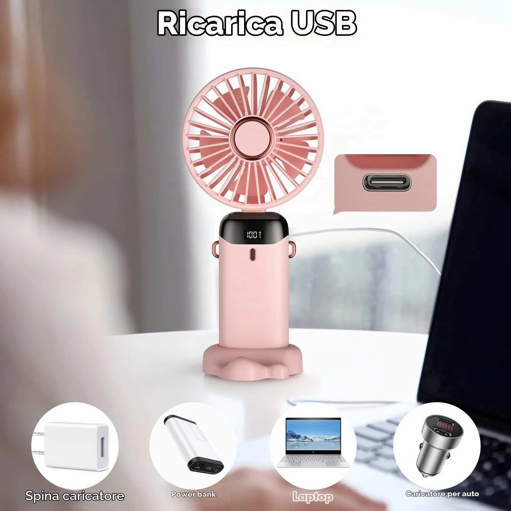 Rafada Mini Ventilatore Portatile Ricaricabile, 5 Livelli di Velocità, Batteria 4200 mAh, USB Pieghevole - immagine 6