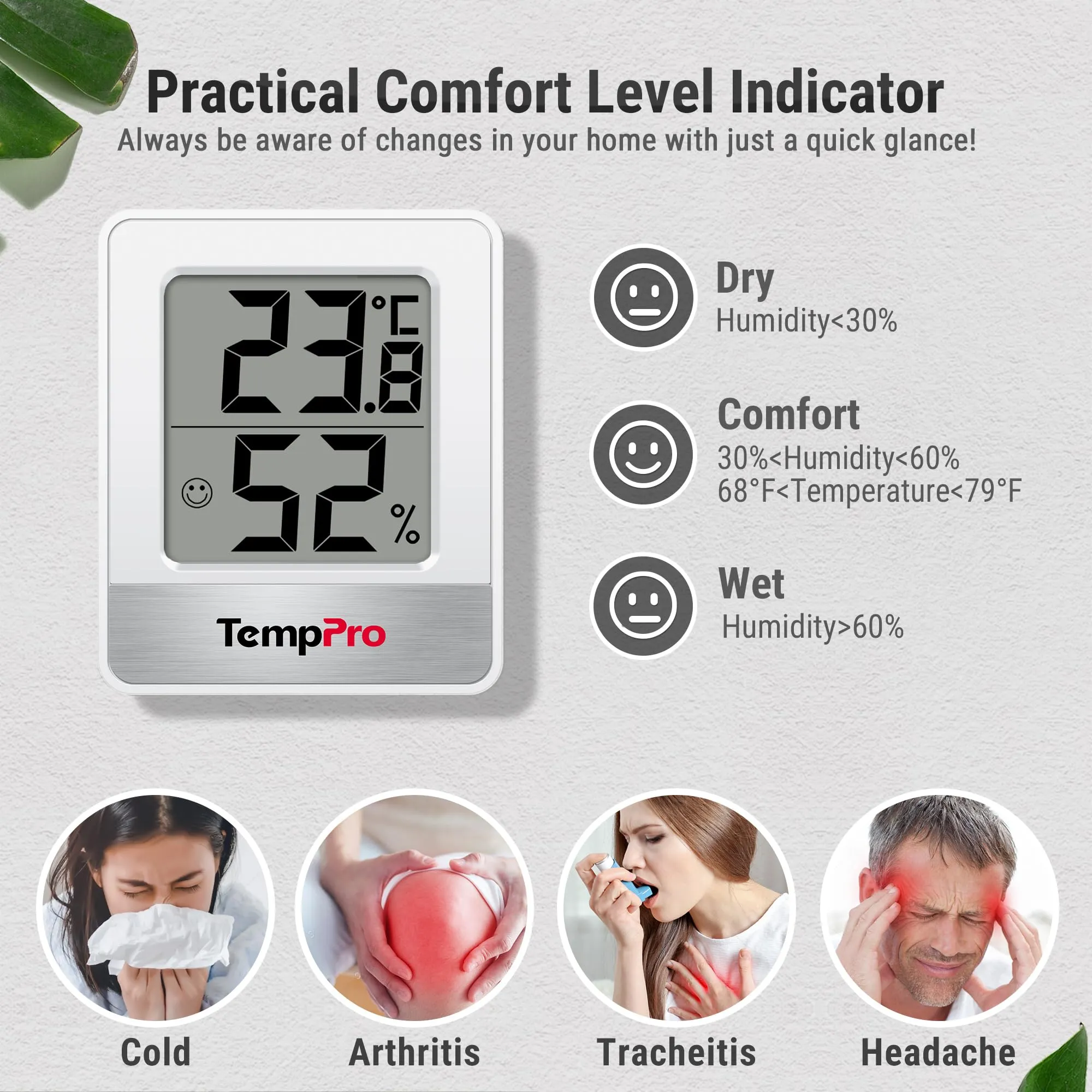 TempPro TP49 Mini Igrometro Termometro Digitale Interno, Bianco - immagine 2