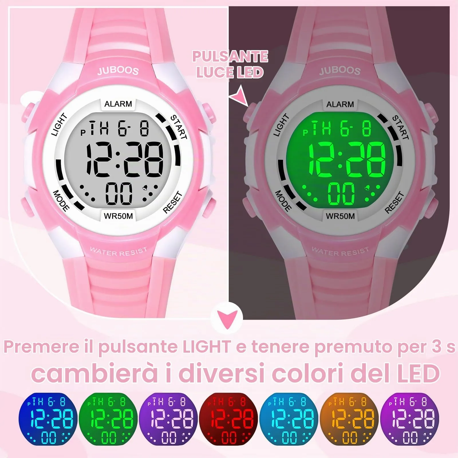 Juboos Orologio Digitale Impermeabile per Bambini con Orecchie da Gatto e 7 Luci Colorate, Polvere - immagine 3
