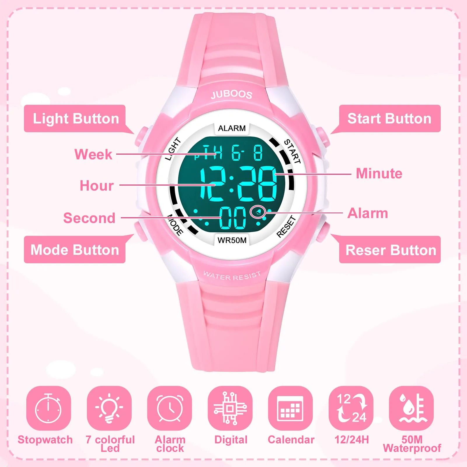 Juboos Orologio Digitale Impermeabile per Bambini con Orecchie da Gatto e 7 Luci Colorate, Polvere - immagine 4