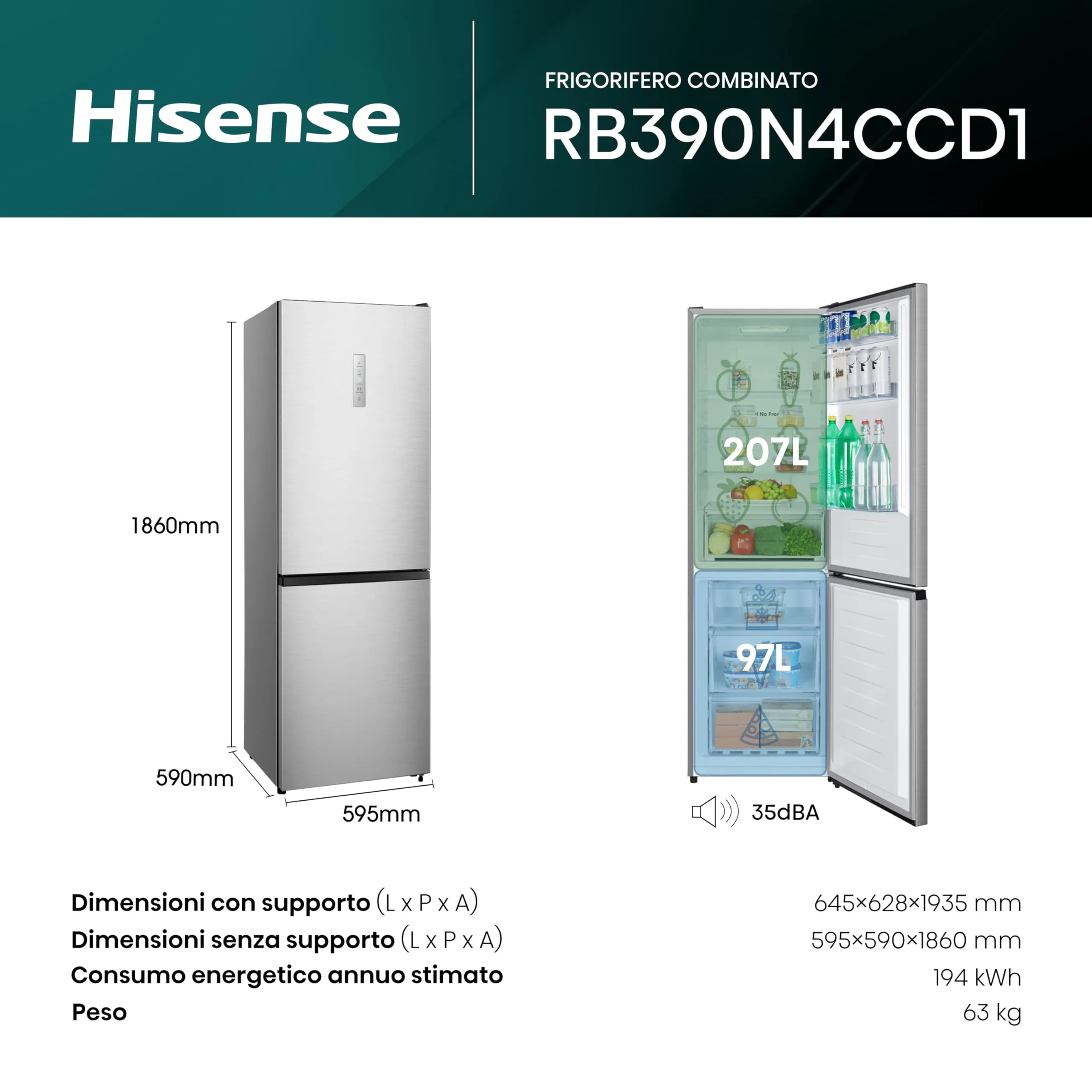 Hisense RB390N4CCD1 Frigorifero Combinato Total No Frost Inox Classe D 304L - immagine 2