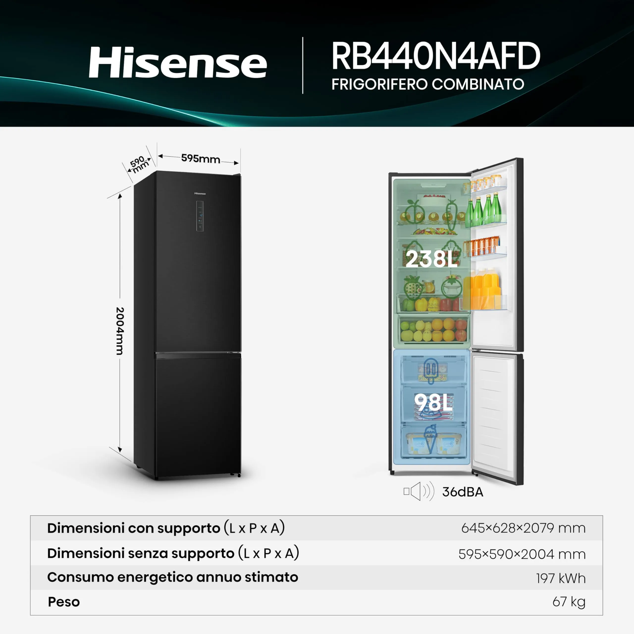 Hisense RB440N4AFD Frigorifero Combinato Total No Frost, Nero, Classe D, 336L, 36dB, Porta reversibile, Motore Inverter - immagine 2