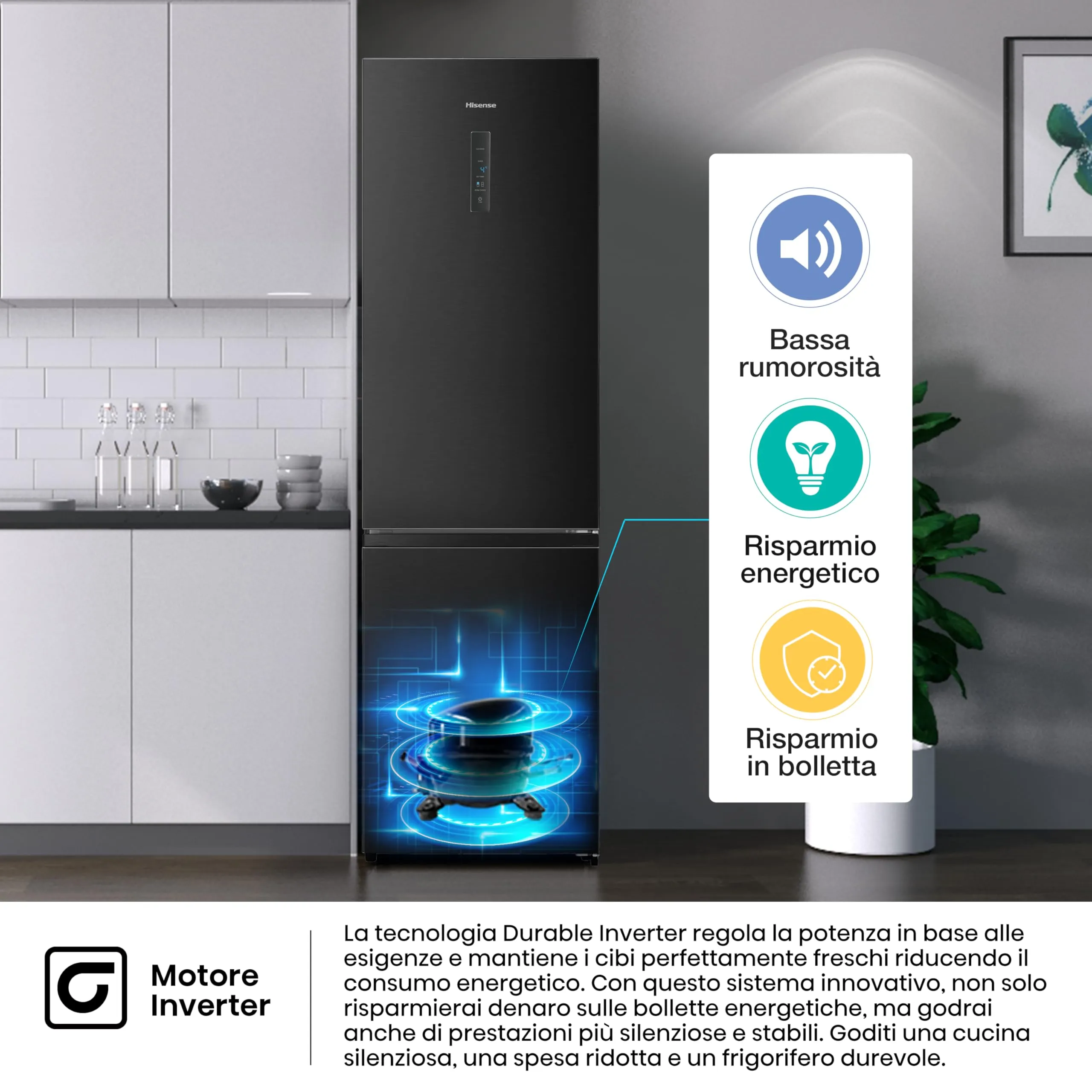 Hisense RB440N4AFD Frigorifero Combinato Total No Frost, Nero, Classe D, 336L, 36dB, Porta reversibile, Motore Inverter - immagine 10