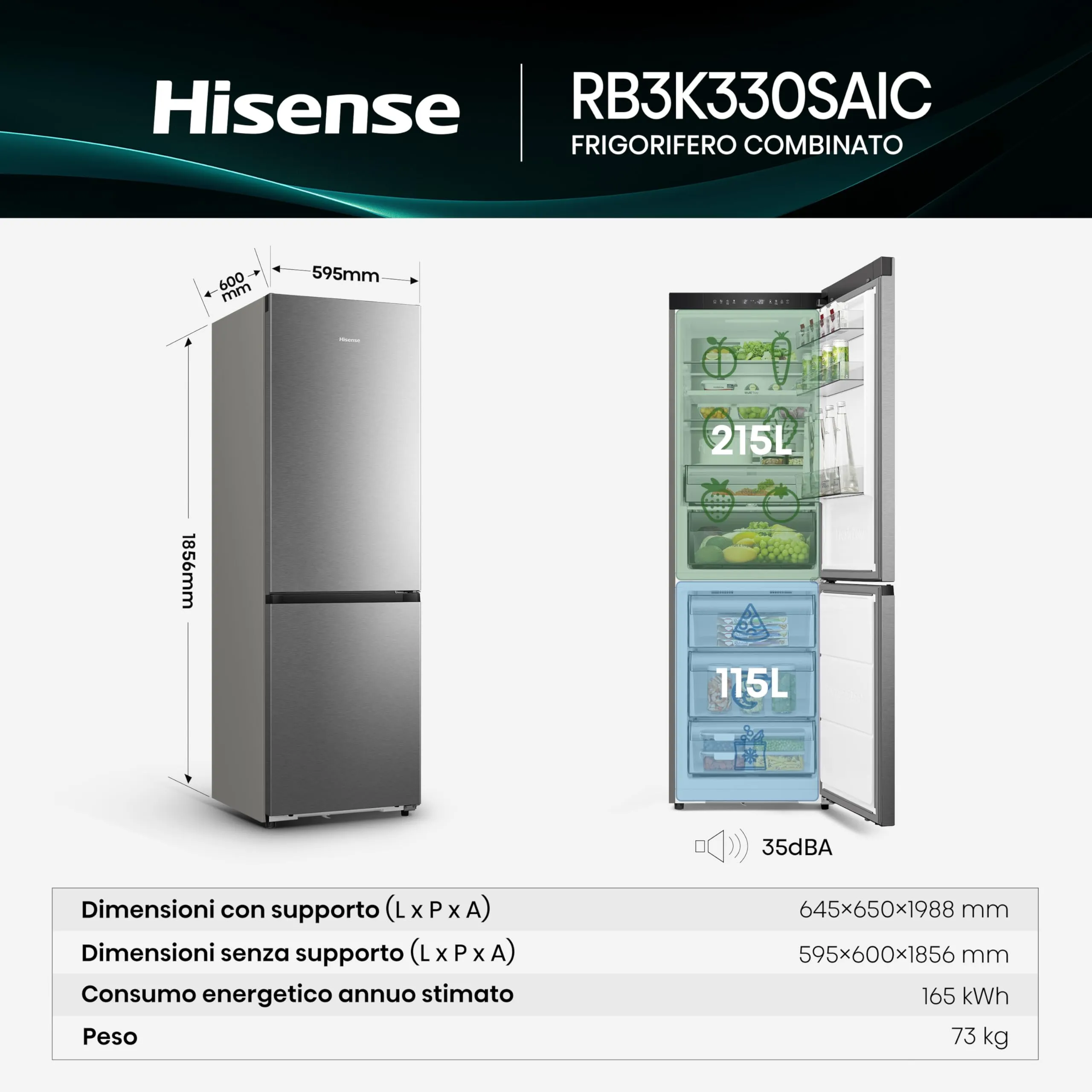 Hisense RB3K330SAIC Frigorifero Combinato Total No Frost 330 Litri Classe C Inox - immagine 2