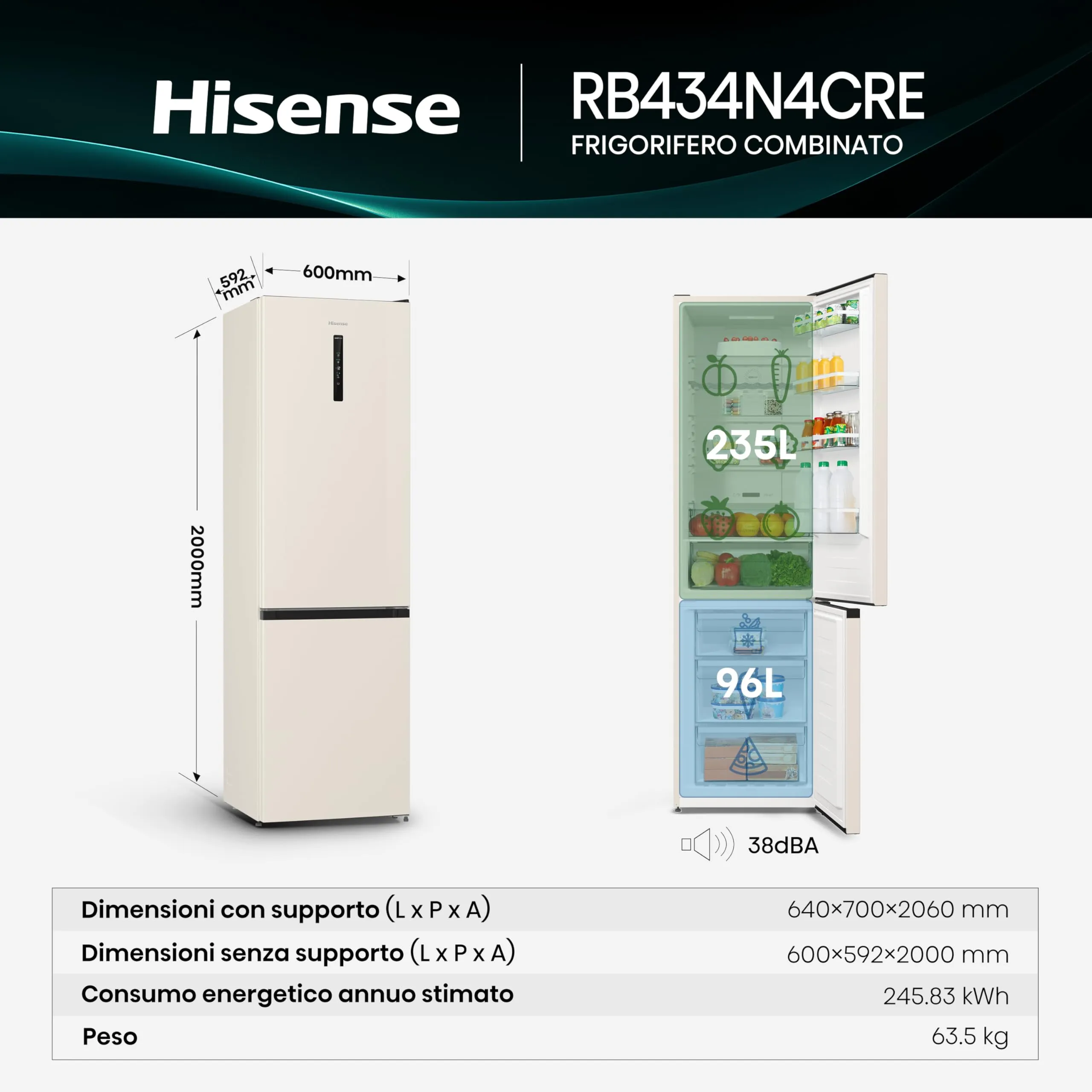 Hisense RB434N4CRE Frigorifero Combinato Total No Frost, Beige, 200x60cm, Classe E, 331 Litri - immagine 2