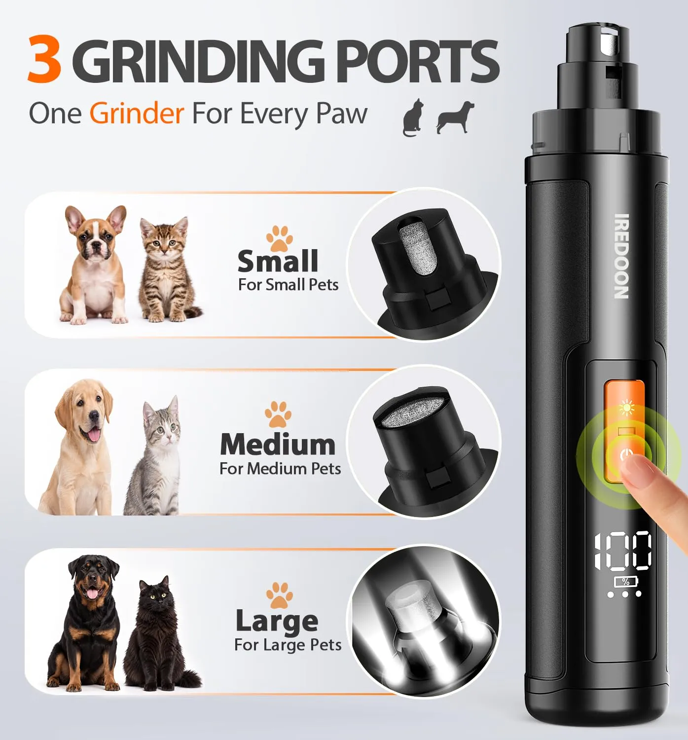 IREDOON Smerigliatrice per Unghie per Cani, 3 Velocità con 4 luci a LED, Nero - immagine 2