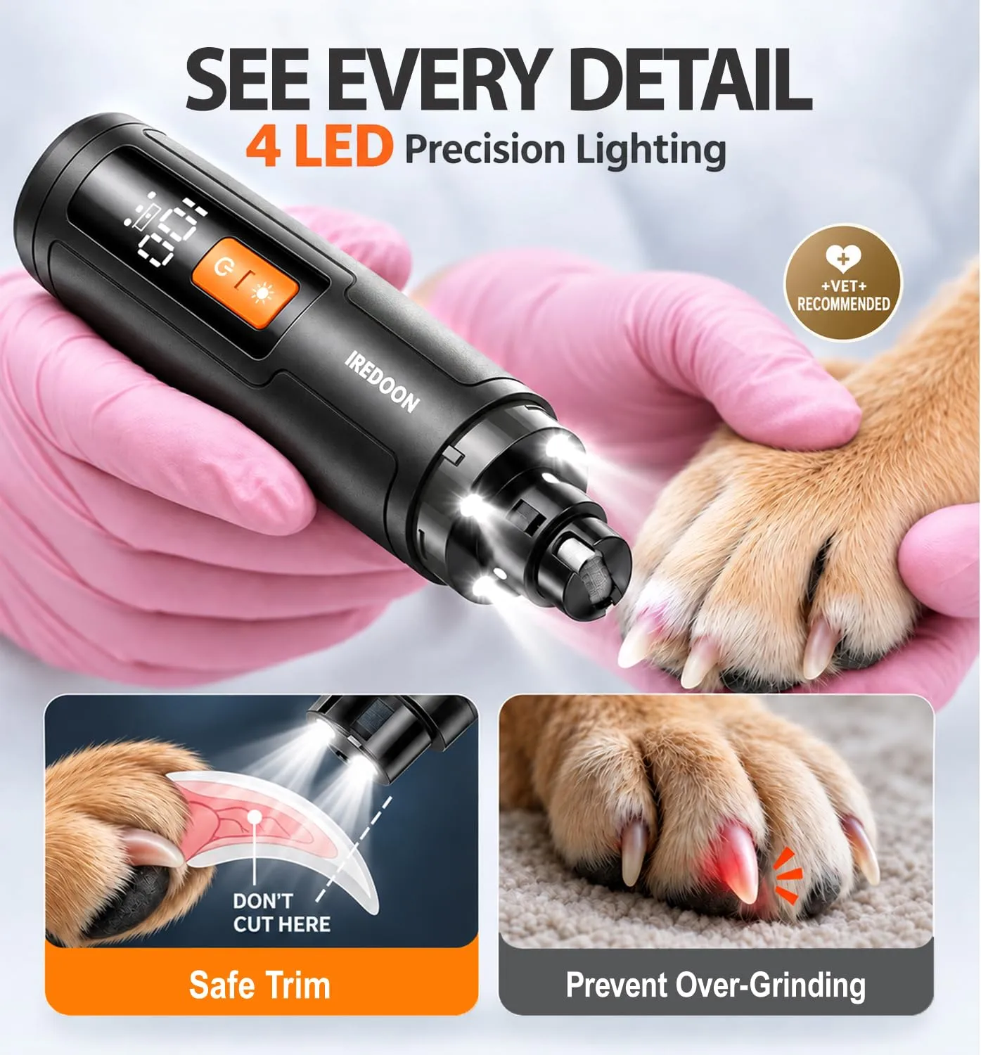 IREDOON Smerigliatrice per Unghie per Cani, 3 Velocità con 4 luci a LED, Nero - immagine 4