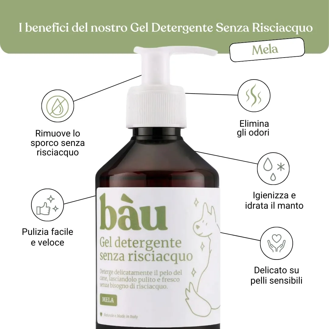 Bau Shampoo Secco per Cani, Gel Detergente Senza Risciacquo con Aloe Vera, Mela, 250 ml - immagine 2
