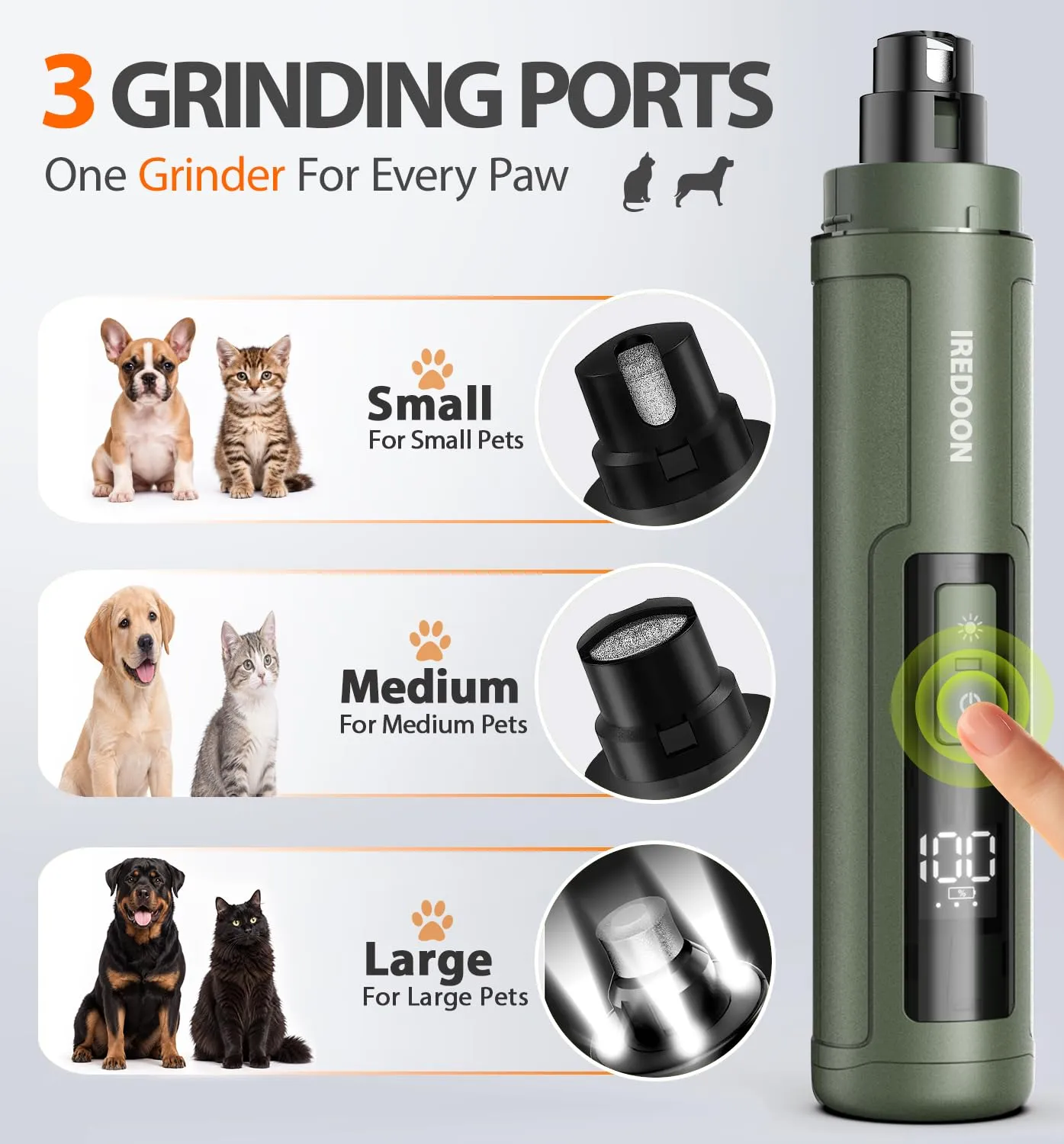 IREDOON Smerigliatrice per Unghie per Cani, 3 Marce con 4 luci a LED (Verde) - immagine 2