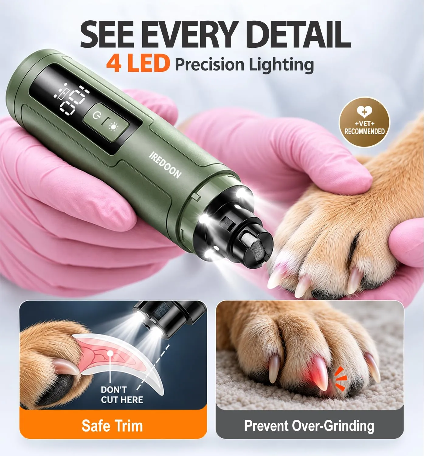 IREDOON Smerigliatrice per Unghie per Cani, 3 Marce con 4 luci a LED (Verde) - immagine 4