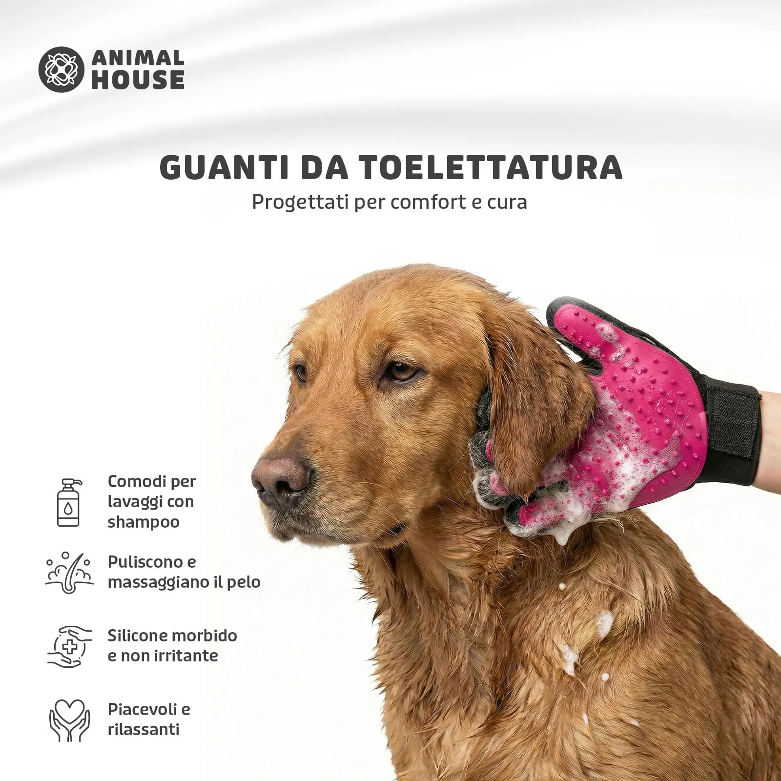 Animal House Guanti per Toelettatura per Cani e Gatti, Massaggianti e Morbidi (Rosa) - immagine 2