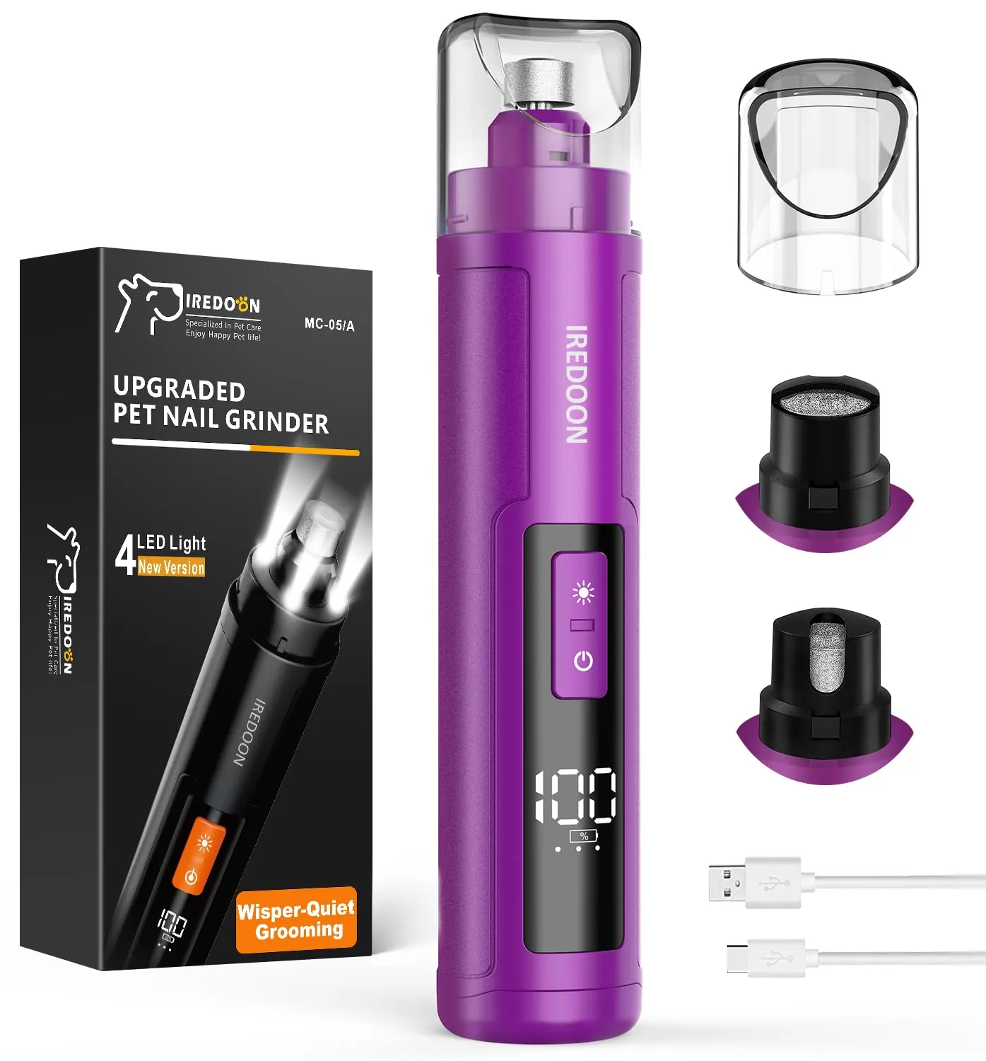 IREDOON Smerigliatrice per Unghie per Cani, 3 Marce, 4 Luci LED, Viola - immagine 1