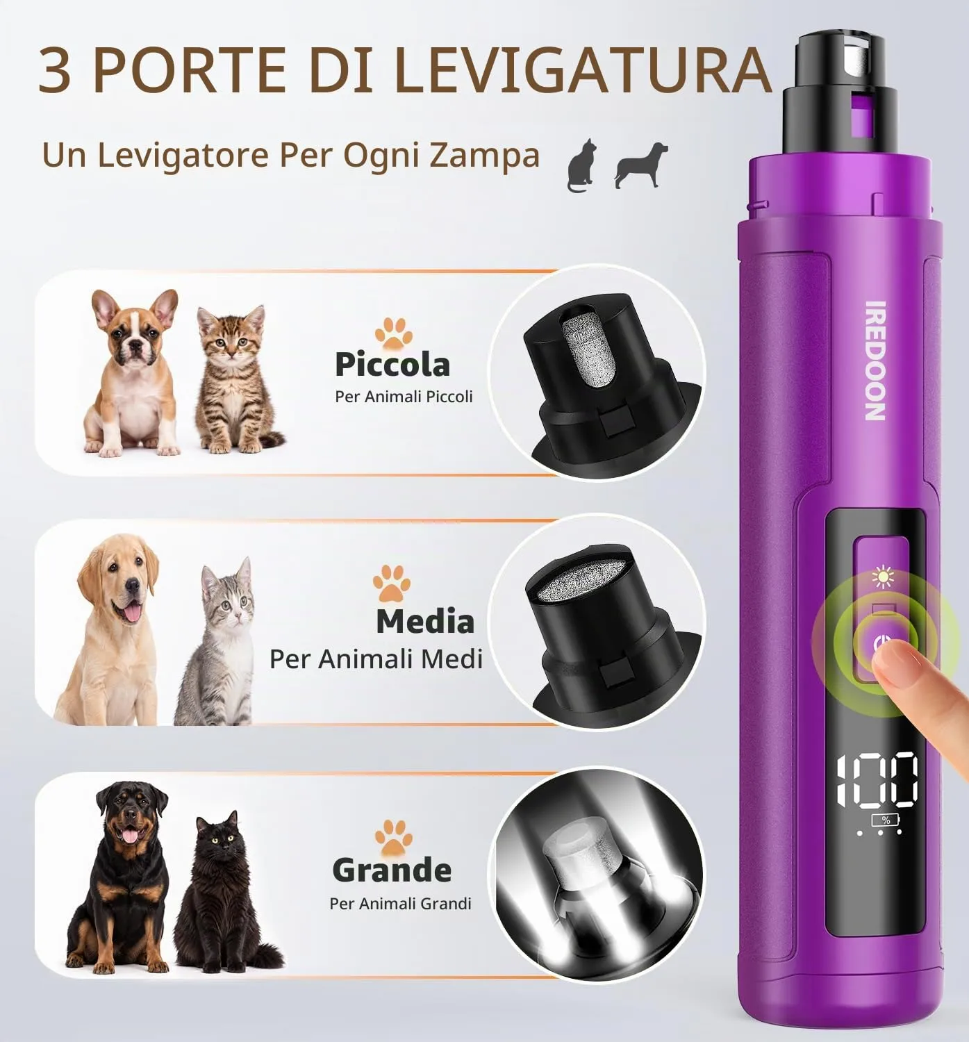 IREDOON Smerigliatrice per Unghie per Cani, 3 Marce, 4 Luci LED, Viola - immagine 2