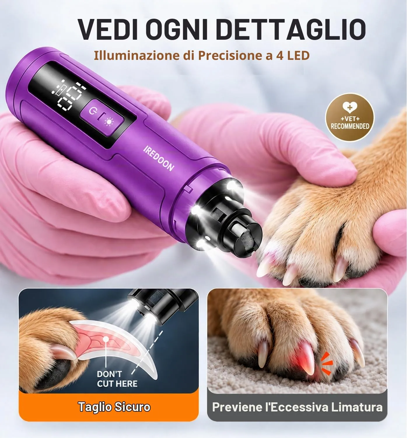 IREDOON Smerigliatrice per Unghie per Cani, 3 Marce, 4 Luci LED, Viola - immagine 4