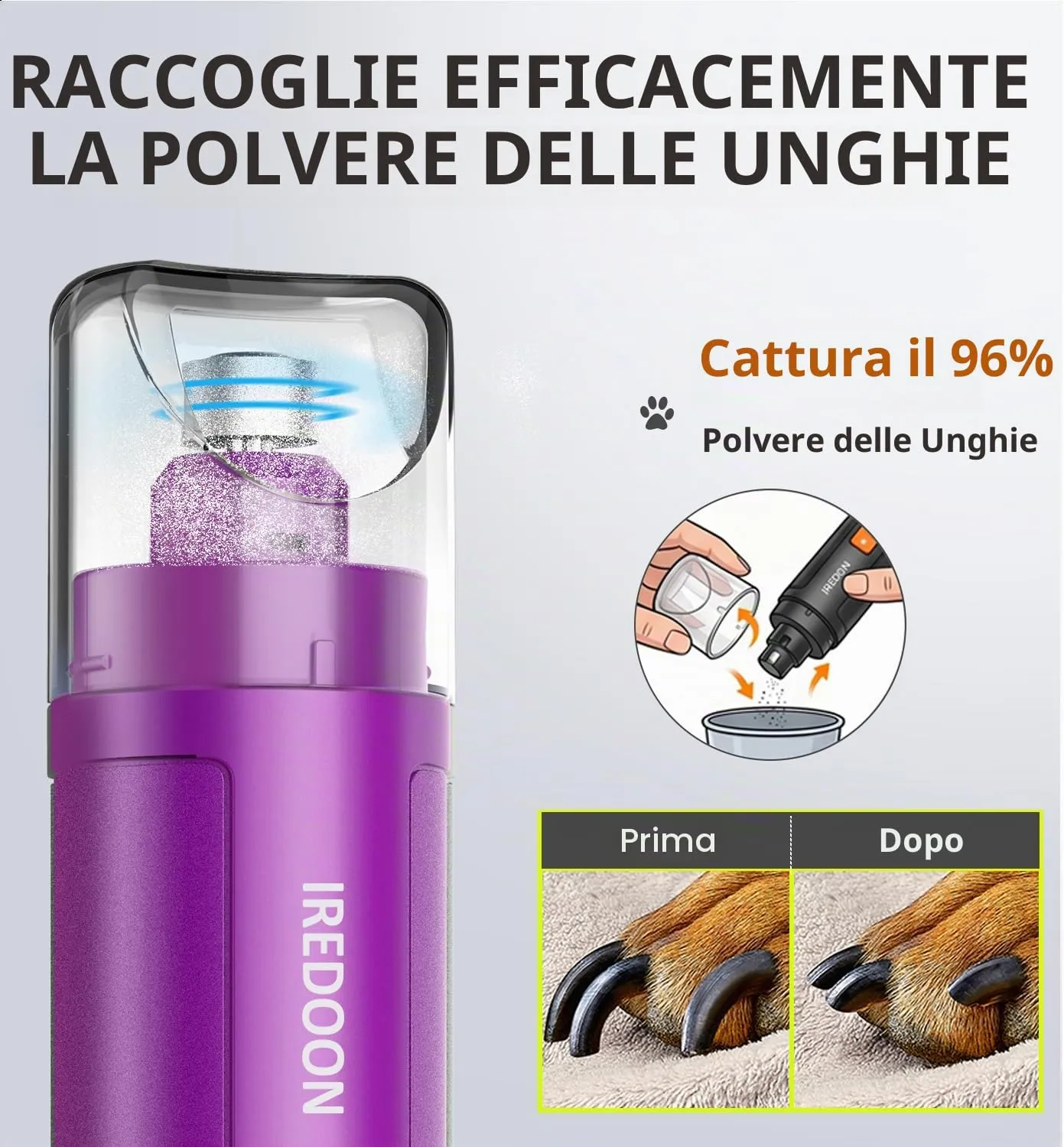 IREDOON Smerigliatrice per Unghie per Cani, 3 Marce, 4 Luci LED, Viola - immagine 6