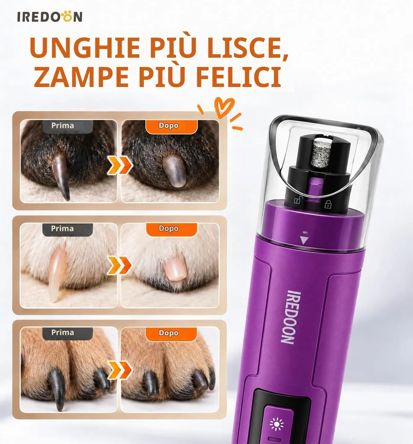 IREDOON Smerigliatrice per Unghie per Cani, 3 Marce, 4 Luci LED, Viola - immagine 7