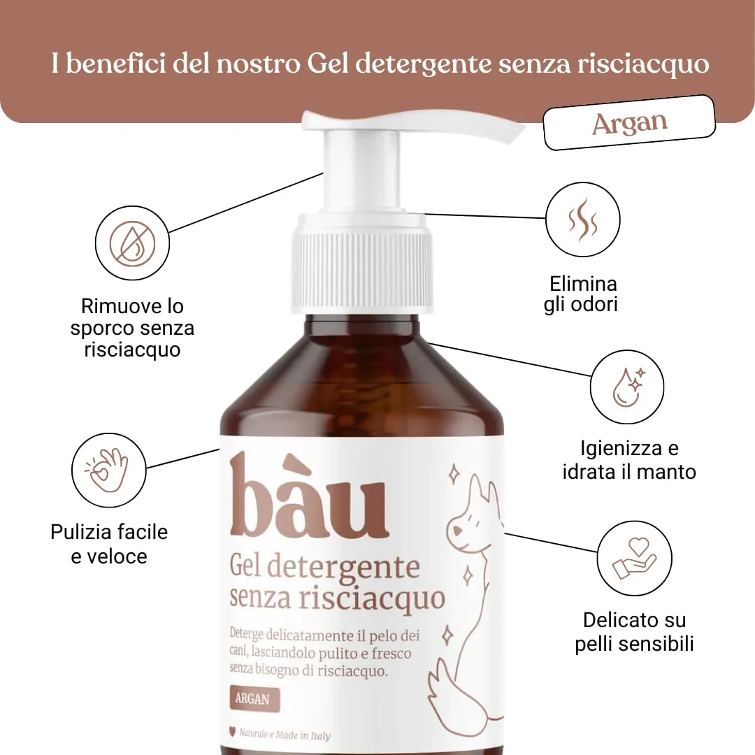 Bau Shampoo Secco per Cani, Gel Detergente Senza Risciacquo con Aloe Vera e Argan, 250 ml - immagine 2