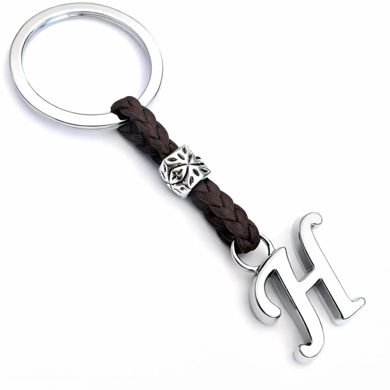 ASTER ALHELÍ Portachiavi in Cuoio Personalizzato con Iniziale, Lettere e Perline in Zama Placcate in Argento, Marrone - immagine 1