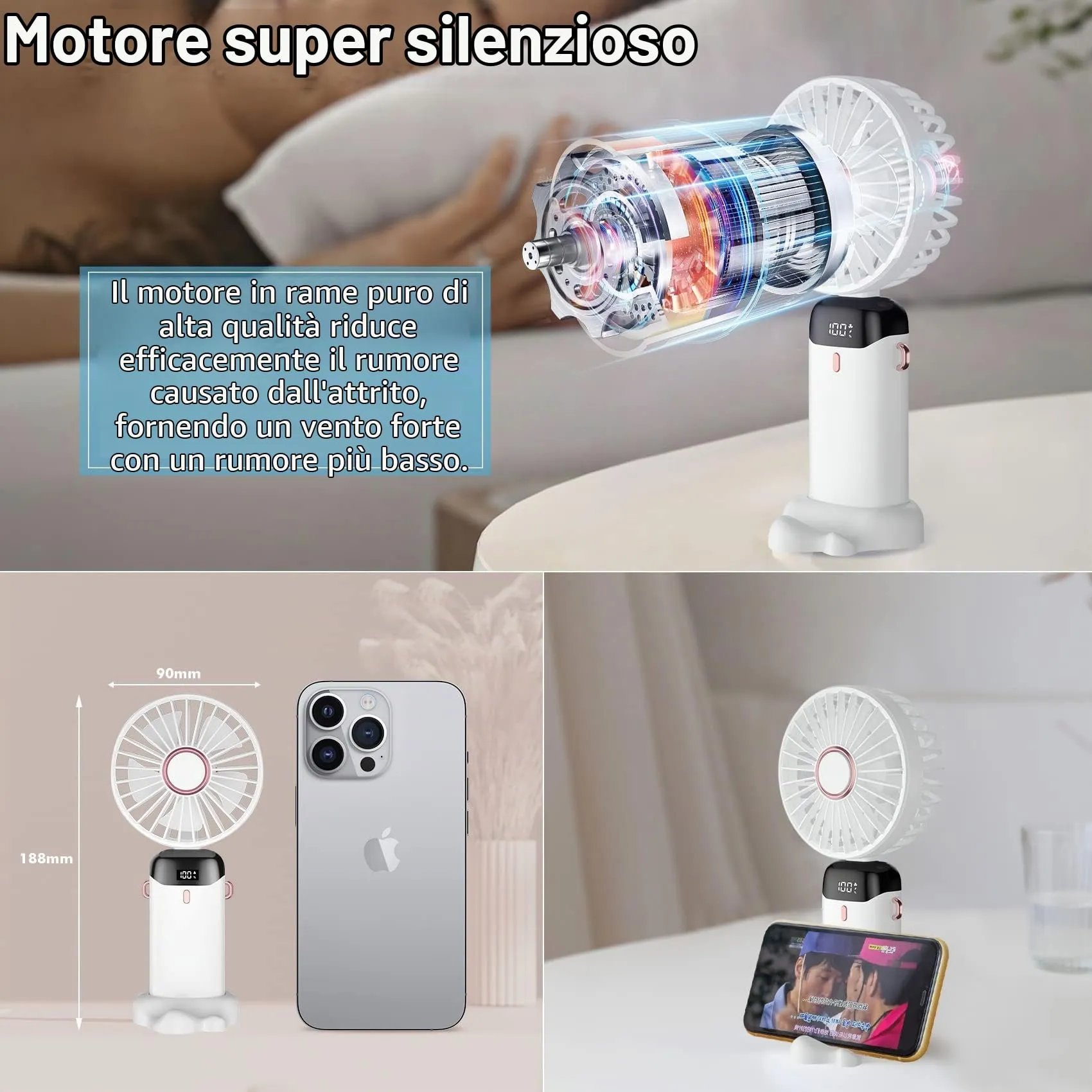 Rafada Mini Ventilatore Portatile Ricaricabile, 5 Livelli di Velocità, Batteria 4200 mAh, USB Pieghevole - immagine 5