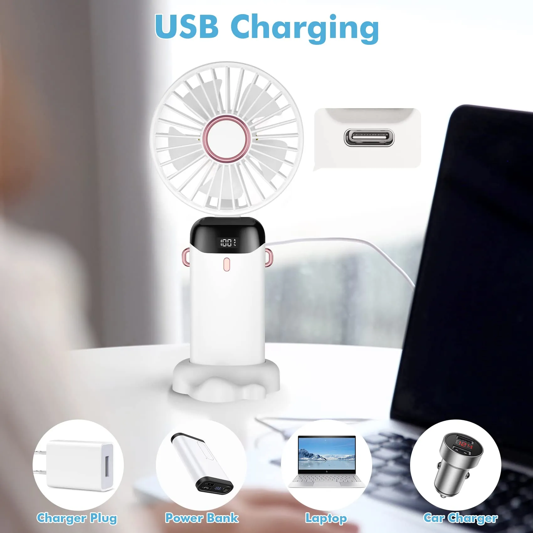 Rafada Mini Ventilatore Portatile Ricaricabile, 5 Livelli di Velocità, Batteria 4200 mAh, USB Pieghevole - immagine 6