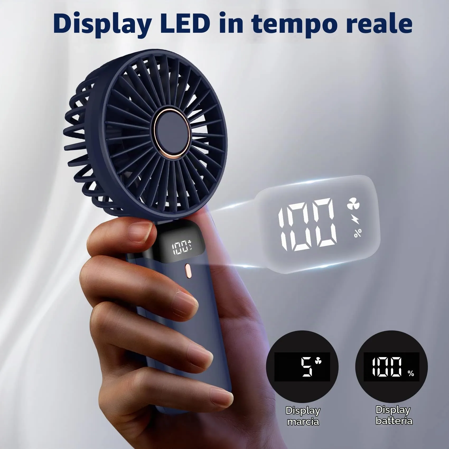 Rafada Mini Ventilatore Portatile Ricaricabile, 5 velocità, Batteria 4200 mAh, USB Pieghevole - immagine 3
