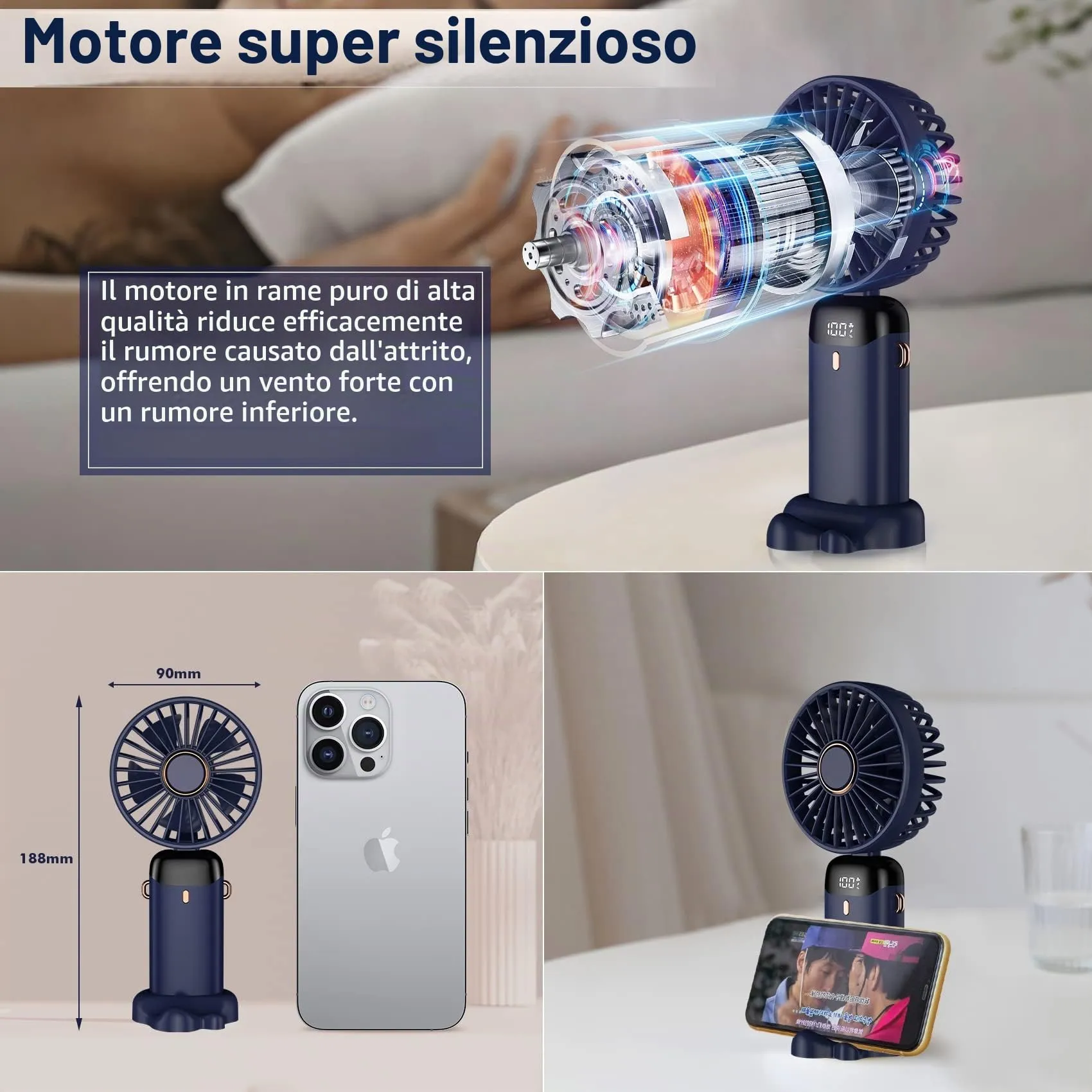 Rafada Mini Ventilatore Portatile Ricaricabile, 5 velocità, Batteria 4200 mAh, USB Pieghevole - immagine 5