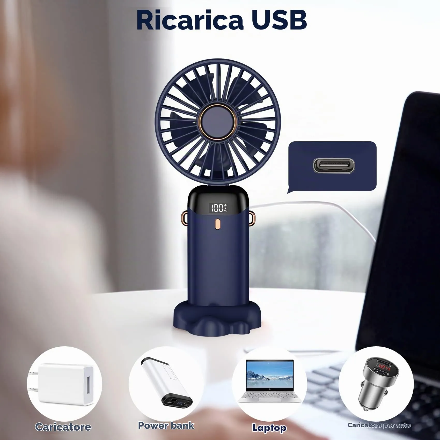 Rafada Mini Ventilatore Portatile Ricaricabile, 5 velocità, Batteria 4200 mAh, USB Pieghevole - immagine 6