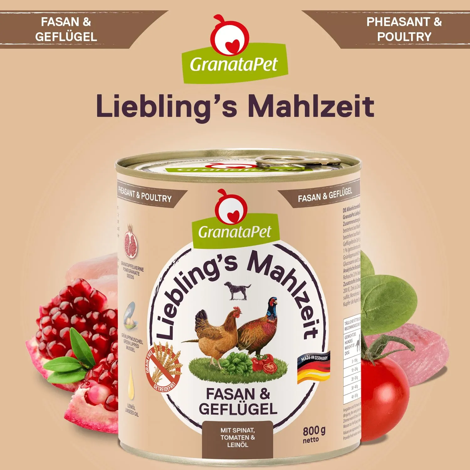 GranataPet Liebling's Mahlzeit Fagiano & Pollame con spinaci, 6 x 800g - immagine 4