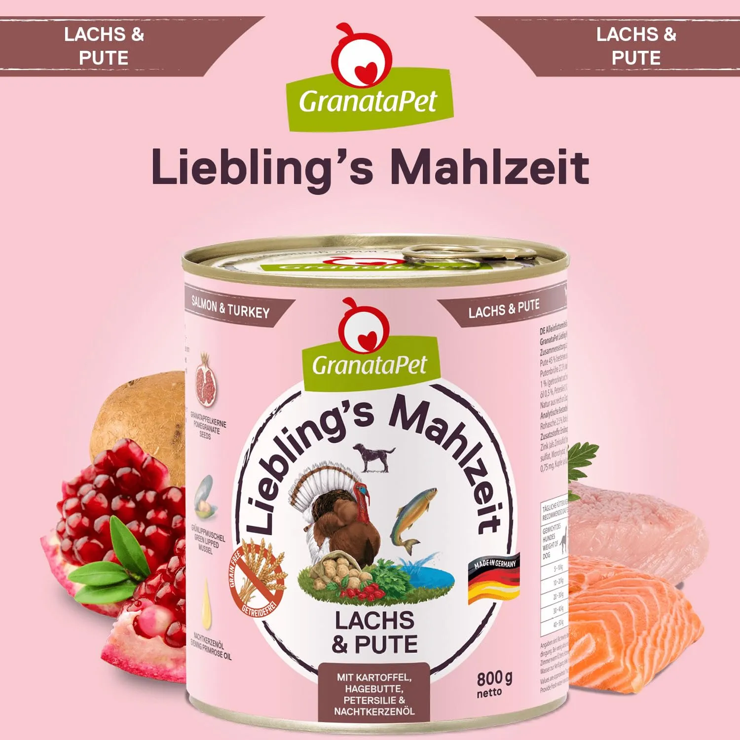 GranataPet Liebling’s Mahlzeit Salmone e Carne di Tacchino, Cibo Umido per Cani, Senza Cereali e Zuccheri Aggiunti, 6 x 800 g - immagine 4