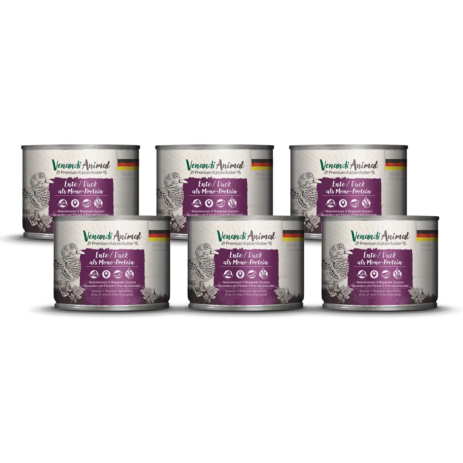 VenandiAnimal Alimento Umido per Gatti Monoproteico all'Anatra Senza Cereali, 6 x 200 g - immagine 1