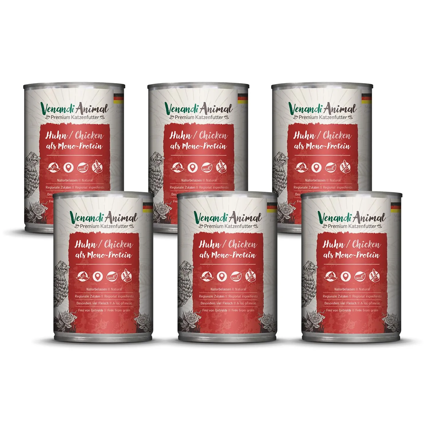 VenandiAnimal Alimento Umido per Gatti Pollo Monoproteico Senza Cereali, 6 x 400 g - immagine 1