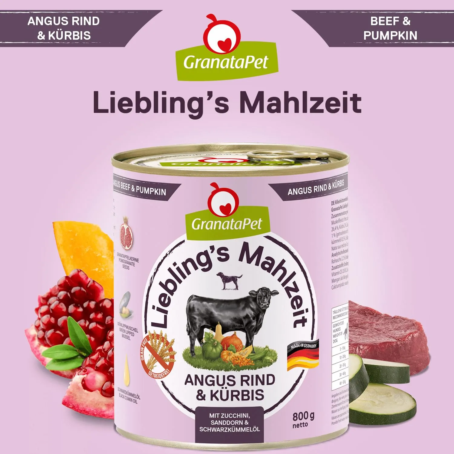 GranataPet Liebling's Mahlzeit Manzo Angus e Zucca, 6 x 800g - immagine 4