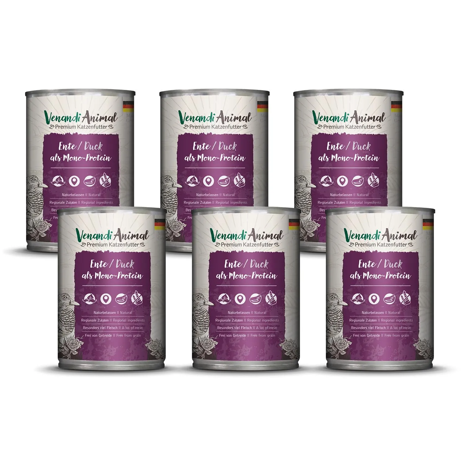VenandiAnimal Alimento per gatti monoproteico all'anatra, senza cereali, 6x400g - immagine 1